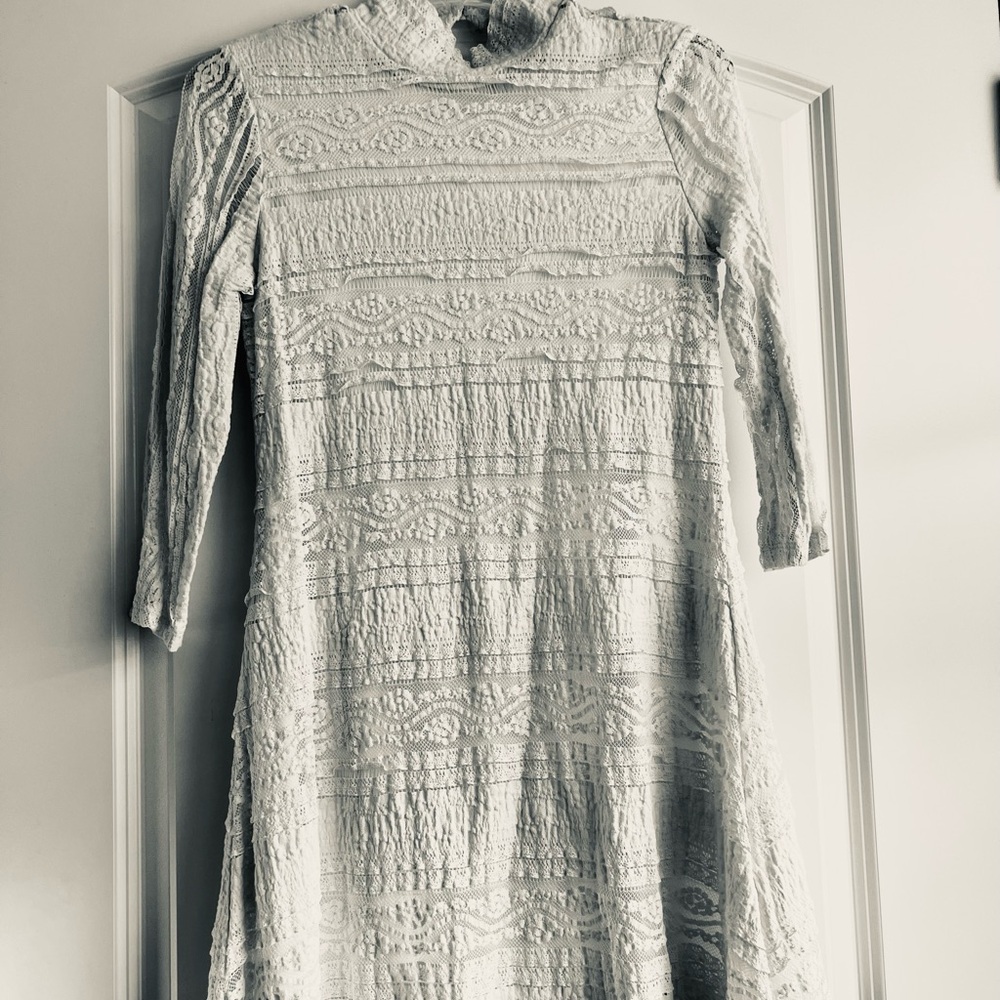 Silver Sheath Dress with 3/4 Bishop Sleeves and Mock Neck